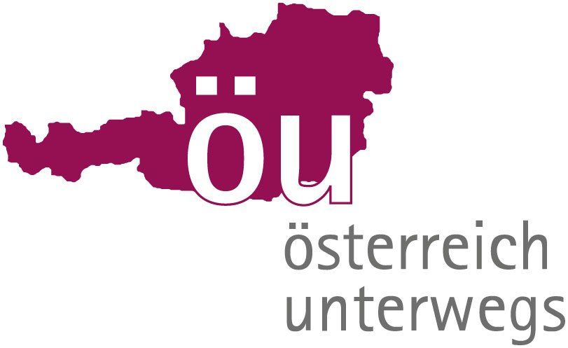 Das Logo für Österreich unterwegs, mit einer stilisierten Karte von Österreich in Lila mit weißem Text.