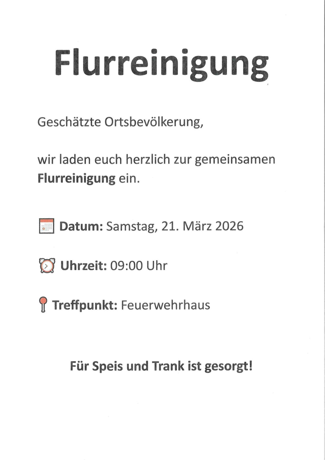 Plakat für lokale Gemeinschaftsreinigungsaktion. Geplant für Samstag, 21. März 2026. Zeit ist 9:00 Uhr. Treffpunkt ist die Feuerwehr. Essen und Getränke sind vorhanden.