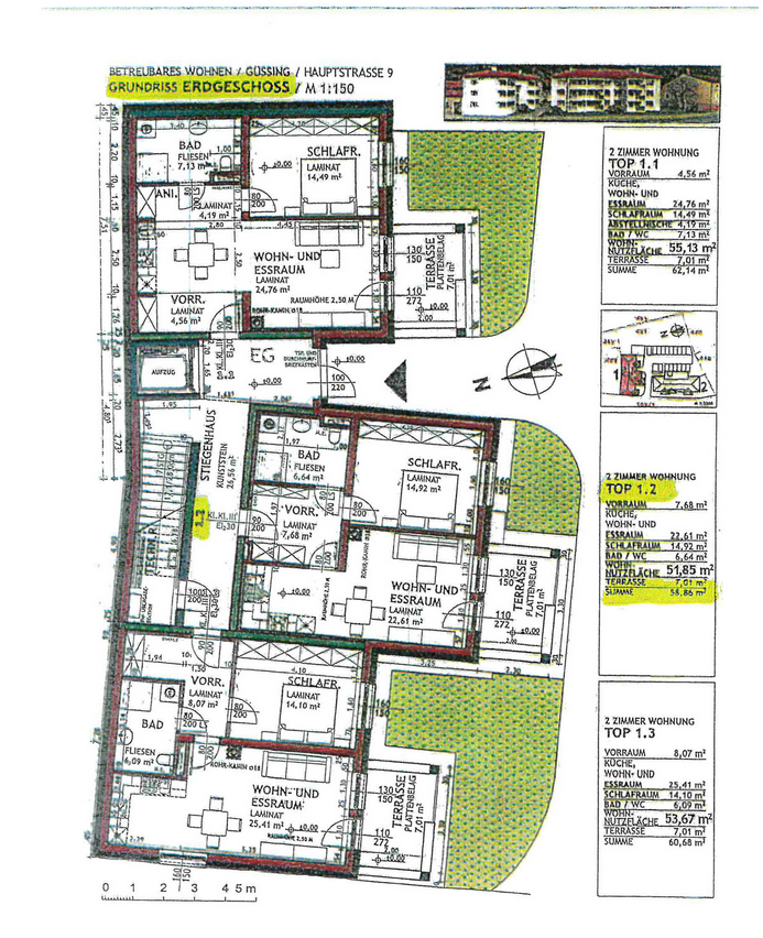 Das Bild zeigt einen Grundriss von Wohnappartements mit Plänen für die oberen drei Etagen. Jeder Grundriss zeigt die Raumaufteilung, Abmessungen und Wohnbereiche. Etage 1.1 hat zwei Räume, während die Etagen 1.2 und 1.3 jeweils einen Raum haben. Die Abmessungen und Flächenangaben sind für jeden Raum angegeben.