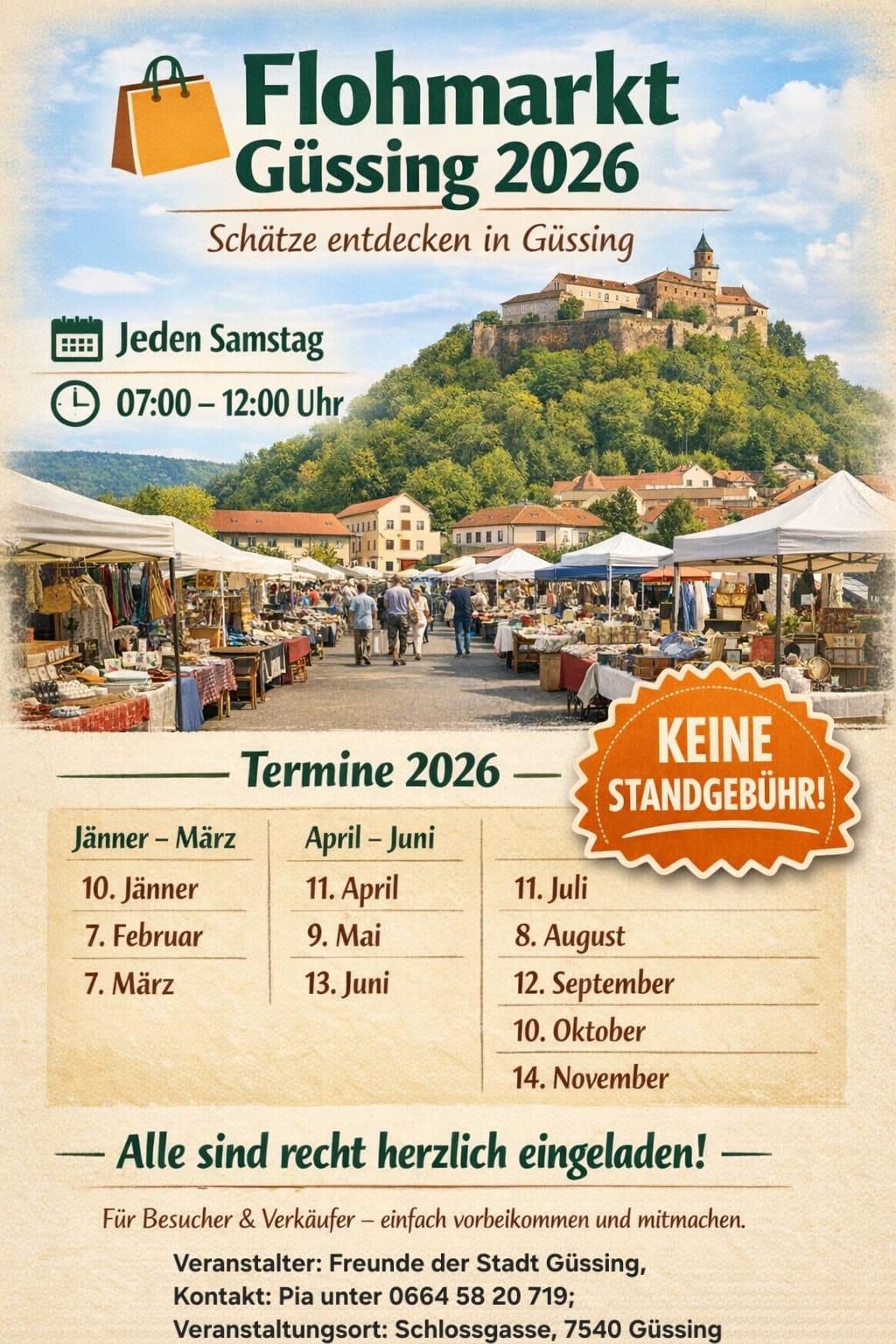 Plakat für einen Markt in Güssing, Österreich, mit einer Burg im Hintergrund, mit Terminen und Zeiten für 2026 aufgeführt.