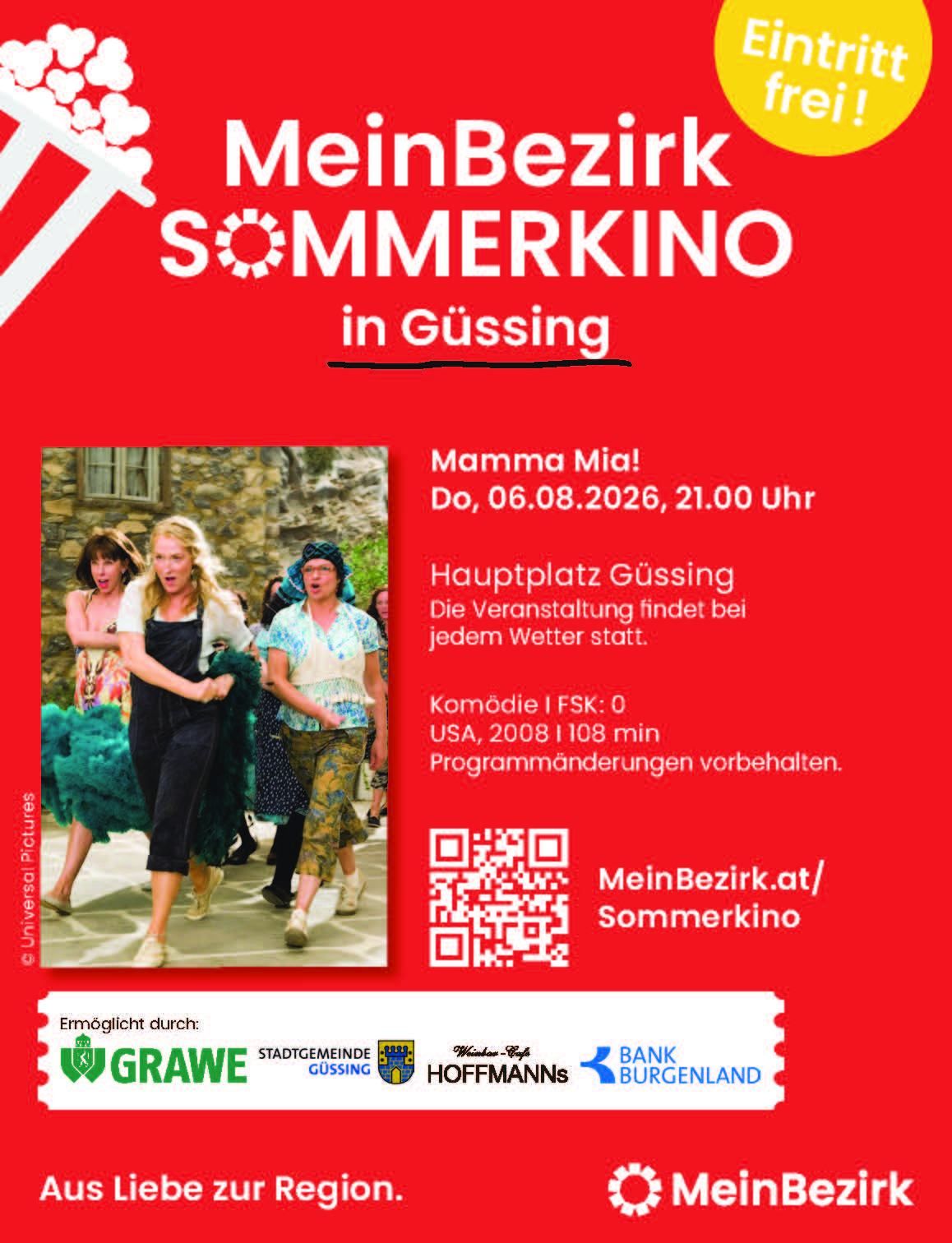 Plakat für 'MeinBezirk Sommerkino' in Güssing. Es zeigt eine Gruppe tanzender Menschen, mit Text auf Deutsch über Datum, Uhrzeit und Ort der Veranstaltung. Ein QR-Code ist vorhanden für weitere Informationen.