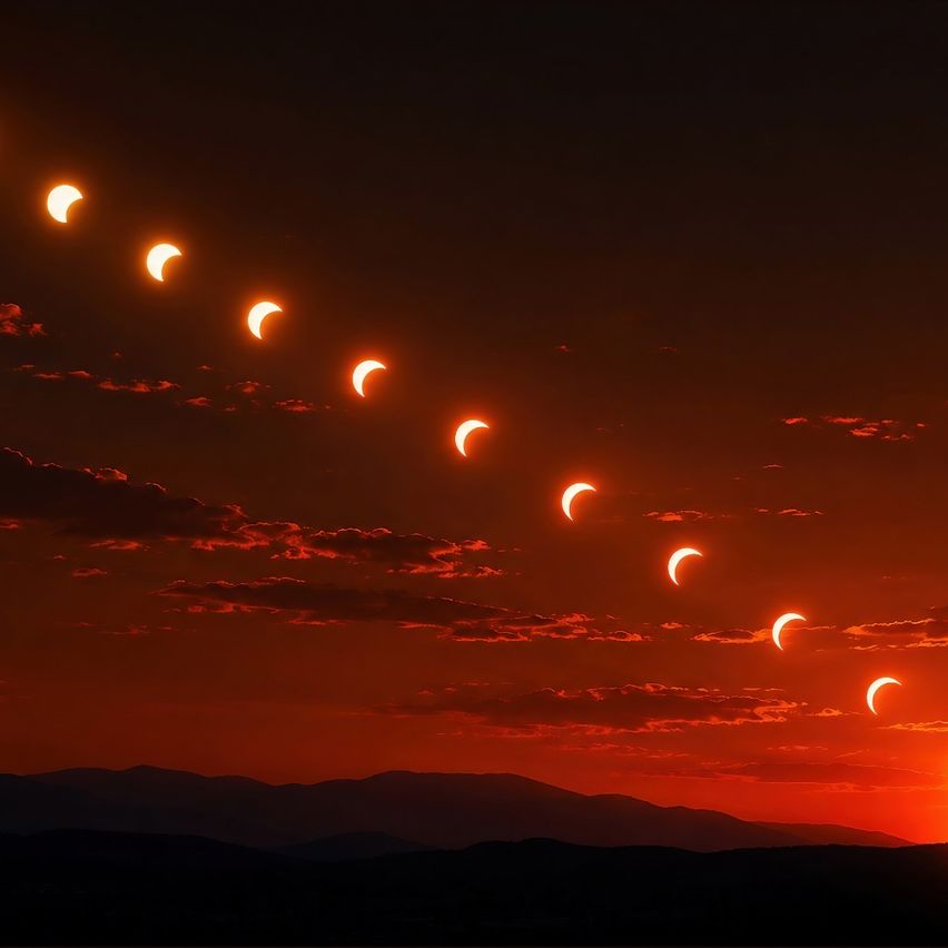 A series of crescent moons in a row against a dark sky, with mountains in the background.