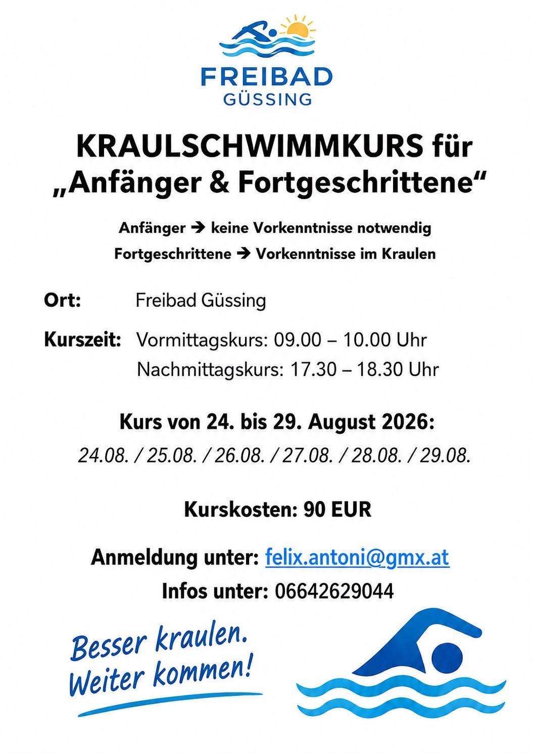 A flyer for a crawling course for beginners and advanced participants. The course is held in Freibad Gussing from August 24 to 29, 2026. Morning sessions are from 9:00 to 10:00, and afternoon sessions are from 17:30 to 18:30. The course fee is 90 EUR.