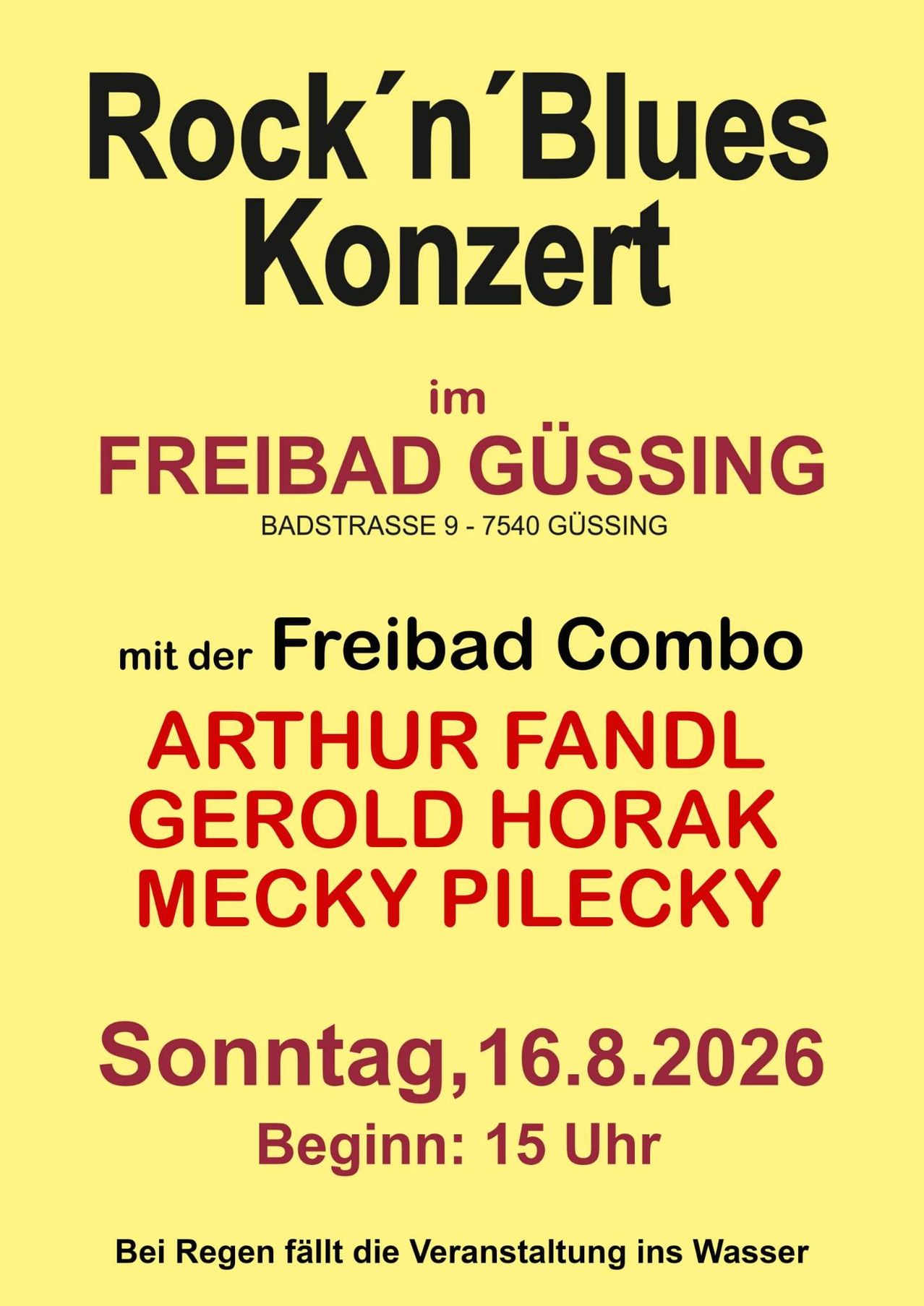 Poster for a concert in Freibad Gussing, featuring the Freibad Combo with Arthur Fandl, Gerold Horak, and Mecky Pilecky, scheduled for August 16, 2026.