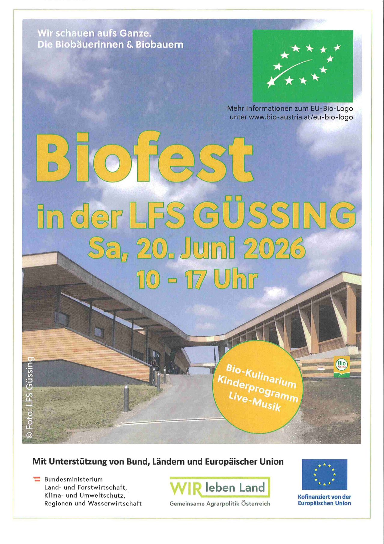 A poster for Biofest in der LFS Gussing on June 20, 2026 from 10-17. The event is supported by Bund, Lander, and the European Union.