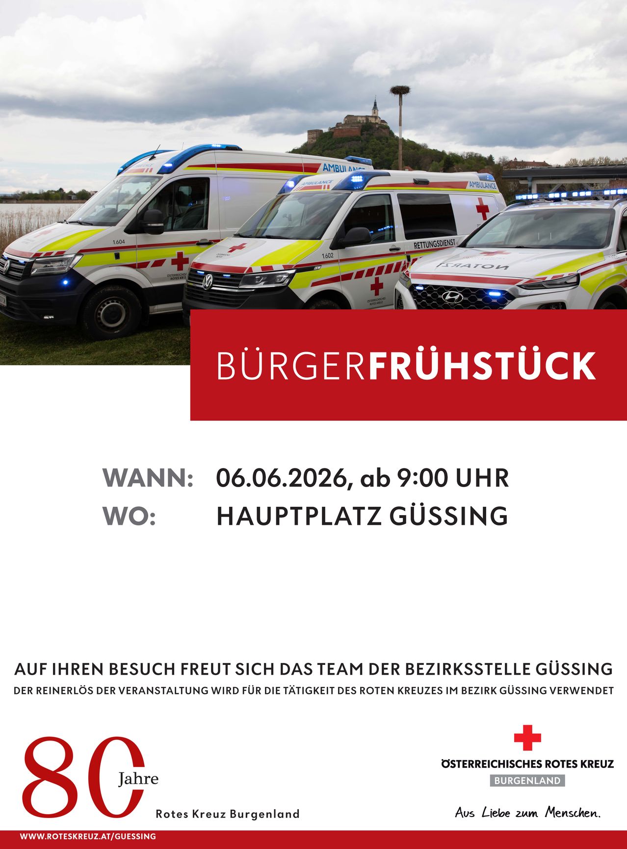 Poster showing three ambulances and a police car. Event details include date, time, and location. The text is in German.