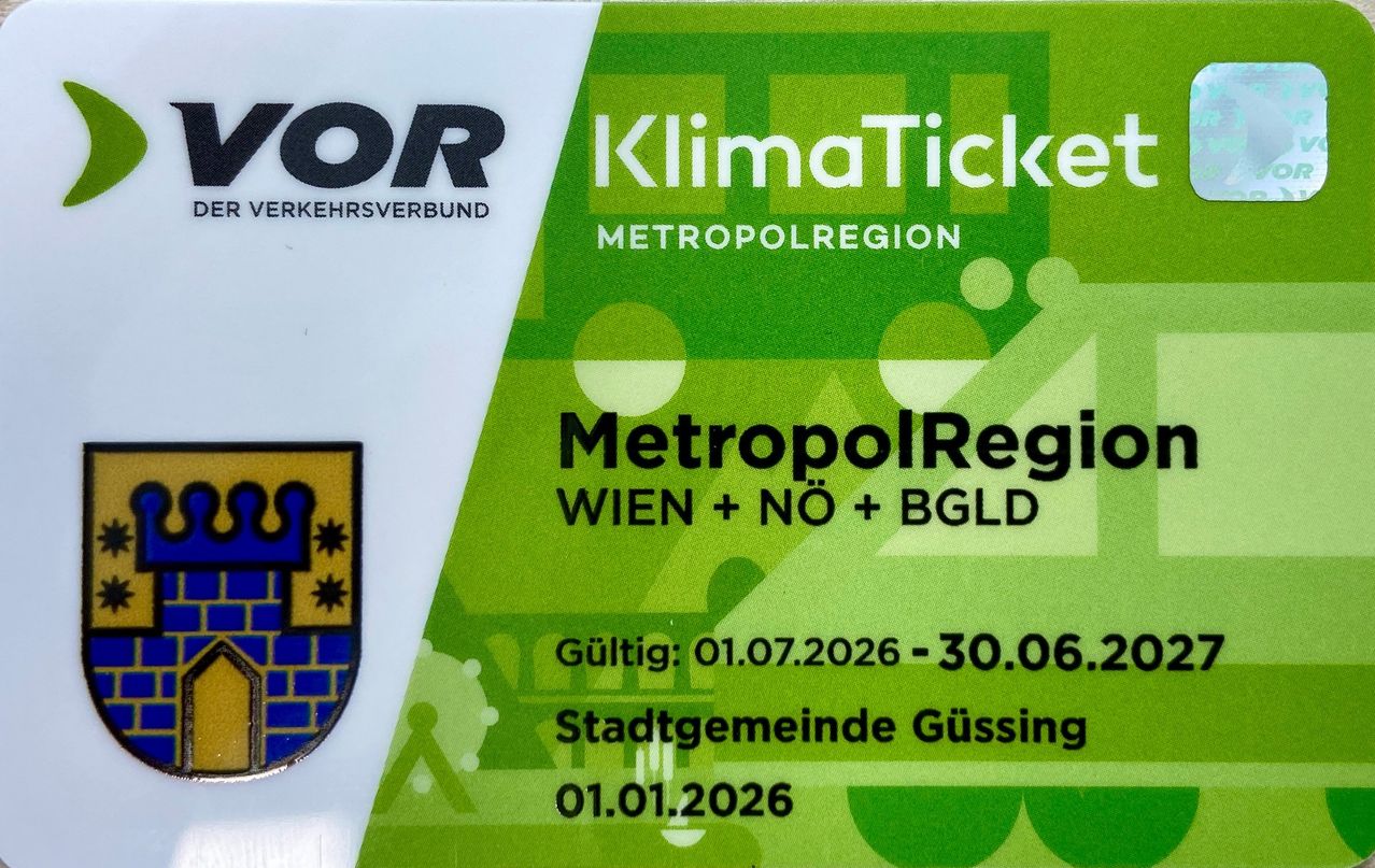 Grünes KlimaTicket für die Metropolregion, gültig vom 01.07.2026 bis 30.06.2026, ausgestellt von der Stadtgemeinde Gussing am 01.01.2026.