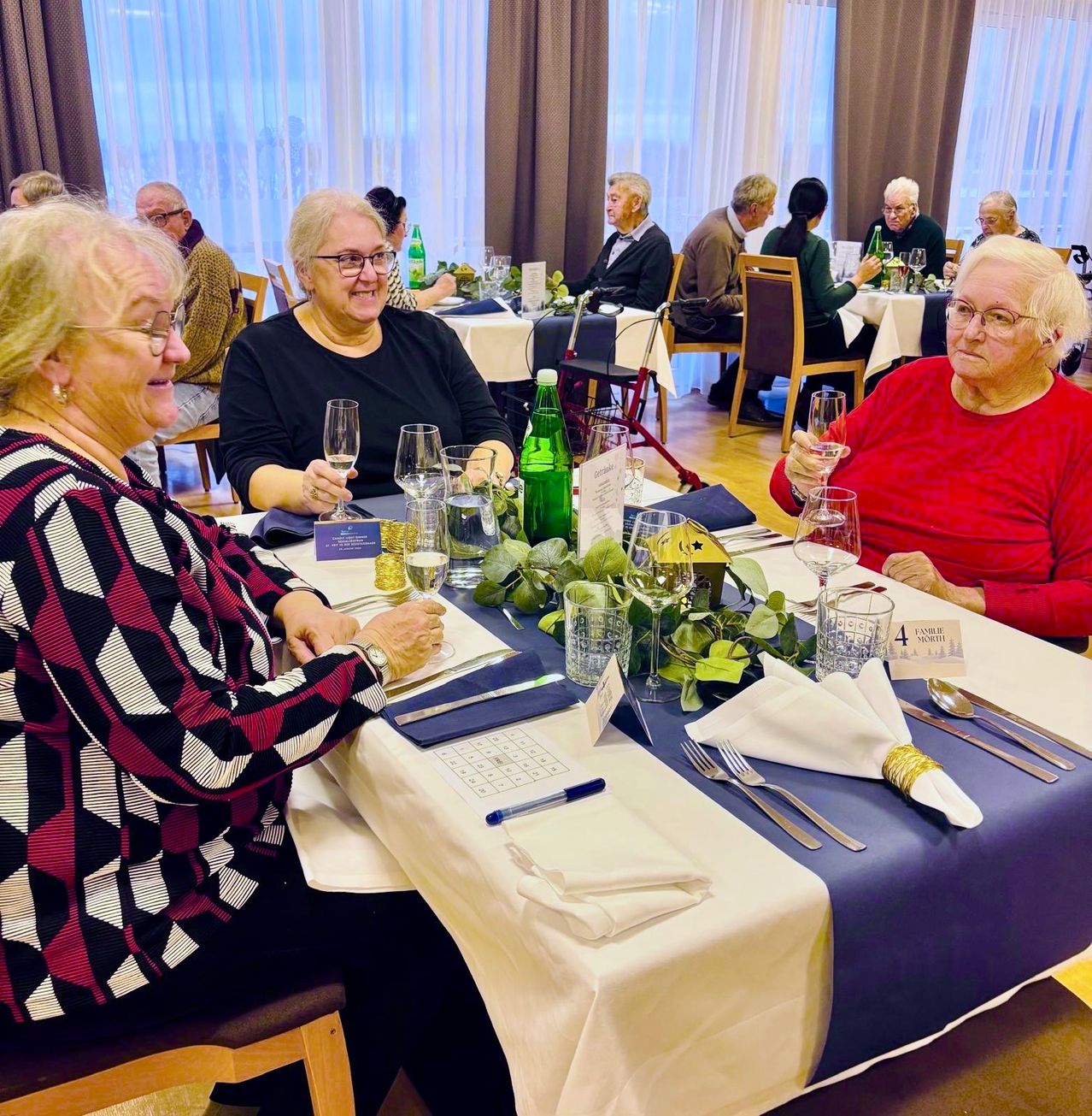 Mehrere ältere Frauen sitzen um einen Esstisch und lächeln, während sie Weingläser halten. Der Tisch ist mit Tellern, Weingläsern und Besteck gedeckt. Es gibt Blumen und eine grüne Flasche auf dem Tisch. Andere Personen sitzen im Hintergrund an Tischen.