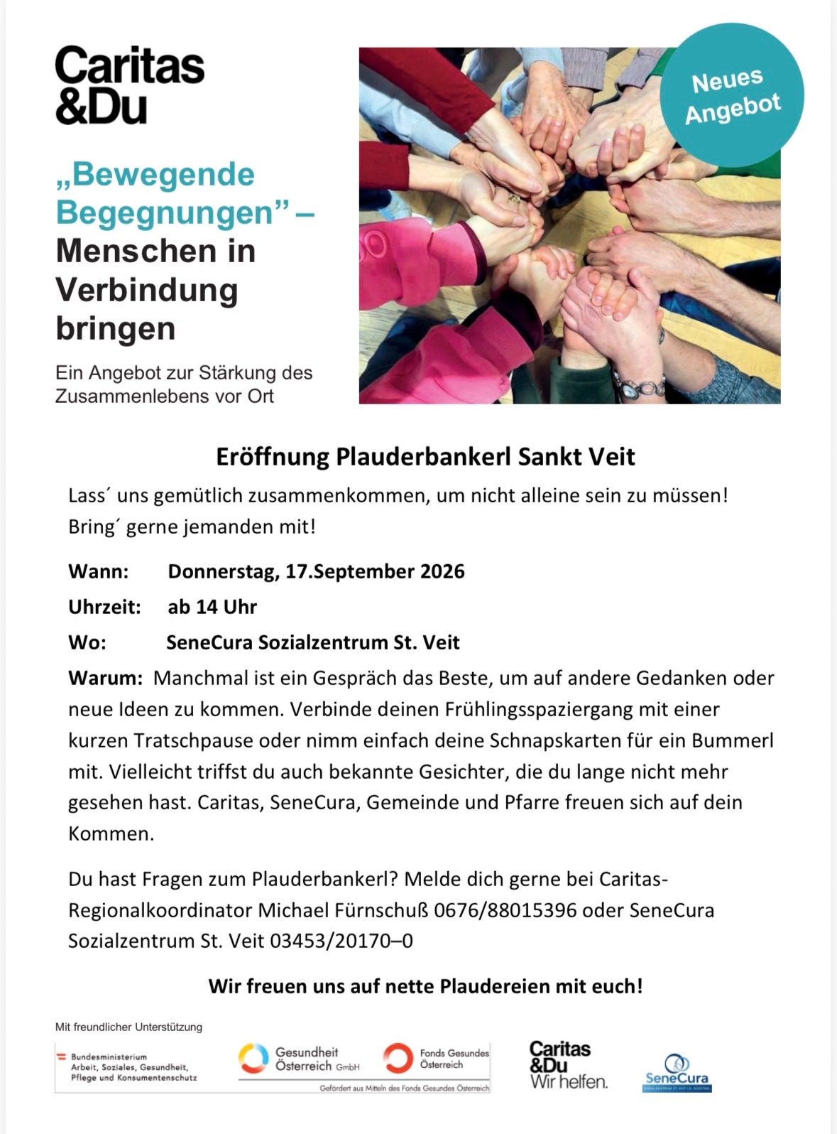 Plakat für eine Veranstaltung mit dem Titel 'Bewegende Begegnungen - Menschen in Verbindung bringen'. Es zeigt eine Collage von Händen, die sich halten, und einem Textüberlagerung mit Veranstaltungsdetails.