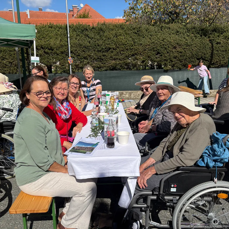 Eine Gruppe älterer Frauen sitzt an einem Tisch in einem Park, einige im Rollstuhl, mit einem Zelt und Büschen im Hintergrund.