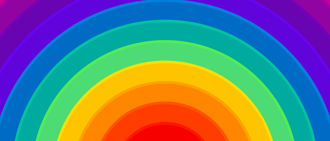 Ein abstraktes Bild eines lebendigen Regenbogens mit mehreren überlappenden Schichten verschiedener Farben, von Lila bis Rot.