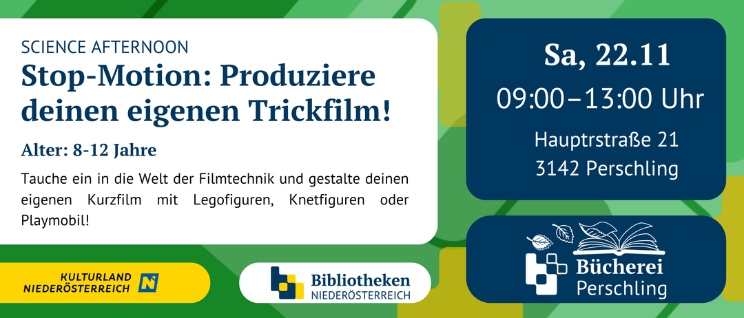 Ein Nachmittagsevent für Kinder ab 3 Jahren, um ihren eigenen Trickfilm mit Legofiguren, Knetfiguren oder anderen Spielzeugen zu erstellen. Die Veranstaltung findet an der Hauptstraße 3142 Persch statt.