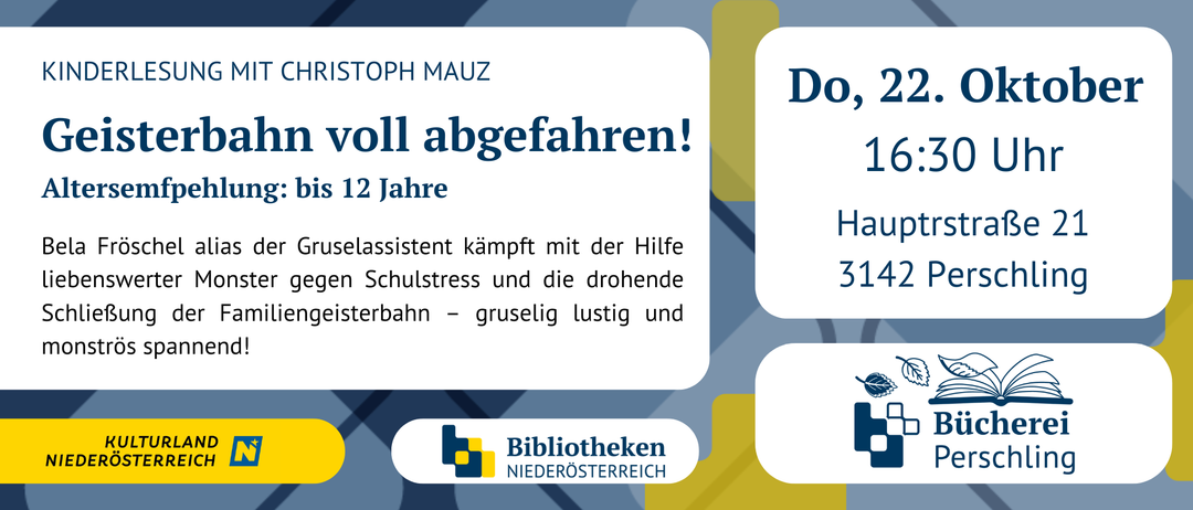 Eine Ankündigung für eine Zugfahrt mit Christoph Mauz. Es wird Datum, Uhrzeit und eine Fahrt für Kinder bis 12 Jahre erwähnt. Es gibt auch eine kurze Geschichte über einen Monster, der gegen Schulstress kämpft.