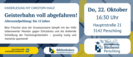Eine Ankündigung für eine Zugfahrt mit Christoph Mauz. Es wird Datum, Uhrzeit und eine Fahrt für Kinder bis 12 Jahre erwähnt. Es gibt auch eine kurze Geschichte über einen Monster, der gegen Schulstress kämpft.