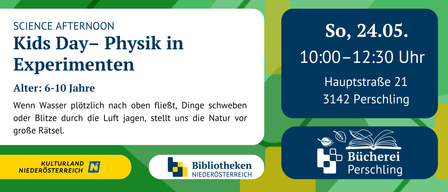 Werbung fur 'Tag-Physik von 10:00-12:30 Nachmittag' mit einem Logo fur Niederosterreich. Es erwahnt, dass Dinge schweben und die Natur uns herausfordert, wenn der Himmel plotzlich aufgeht.
