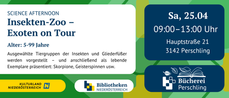 Plakat für eine Zootour. Es zeigt Bilder von Tieren, die Zeit ist 09:00-13:00 und es werden lebendige Ausstellungen wie Skorpione und Geisterspinne erwähnt.