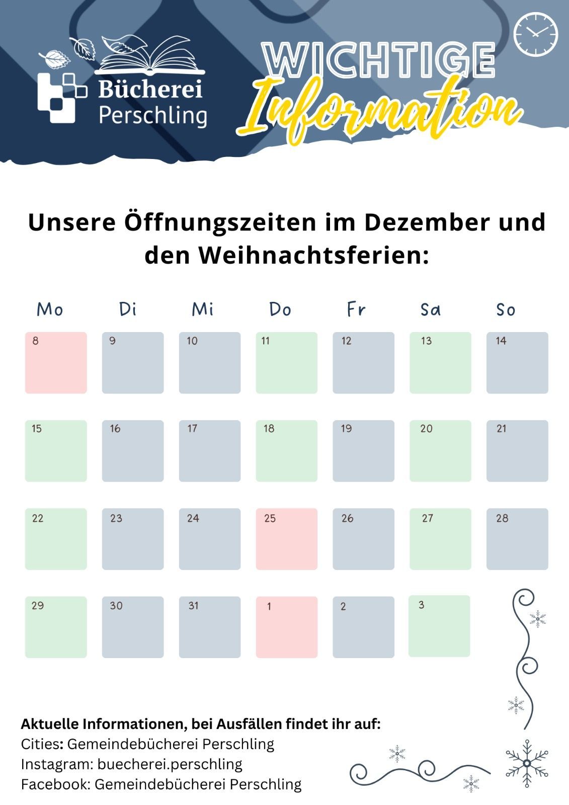 A calendar showing opening times in December and the Christmas holidays, with dates ranging from 8 to 31, with days of the week listed at the top.