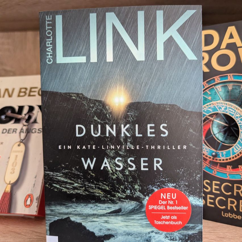 Ein Buch mit dem Titel 'Dunkel Wasser' von Charlotte Link, das eine Bergkette mit Regen zeigt, ist auf einem Regal ausgestellt. Das Cover zeigt eine stürmische Szene mit Wellen, die gegen Felsen schlagen.