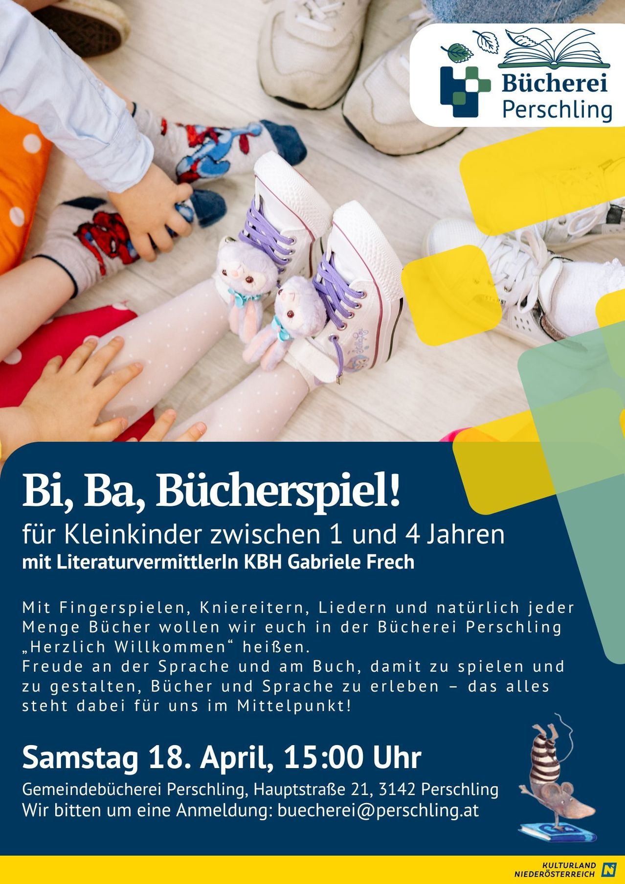 Werbeplakat für ein Buchspiel für Kinder von 1 bis 4 Jahren mit Spielzeug, Schuhen und einer Willkommensbotschaft. Aktivitäten umfassen Fingerspiele, Kniereiten, Lieder und viele Bücher.