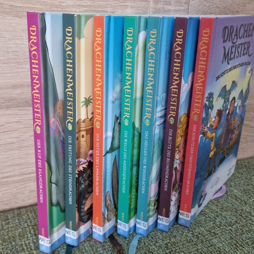 A row of colorful books titled 'Drachenmeister' are lined up on a carpeted floor against a wooden wall. Each book cover features unique illustrations and text in German.