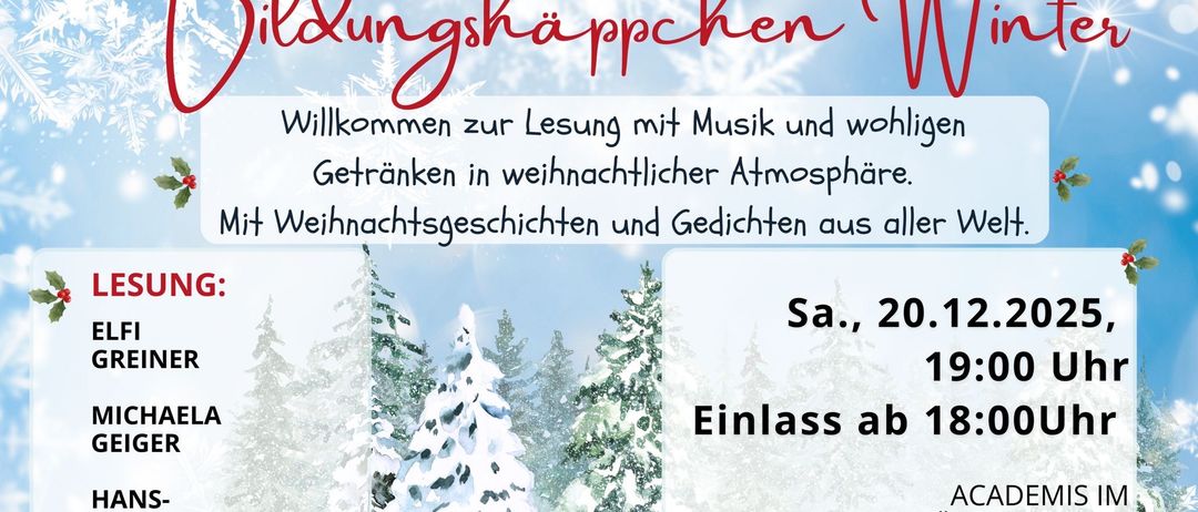 Ein Plakat für eine Winter-Lesung mit Musik. Von Elfi Greiner und Michaela Geiger, mit dem Silversprings Quartett. Geplant für den 20.12.2025, um 19:00 Uhr. Eintritt ab 18:00 Uhr. Kontakt: 0664/43 49 314.