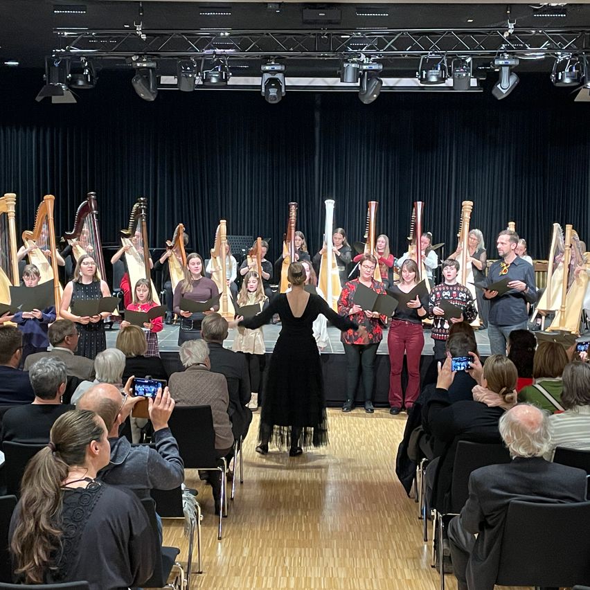 Ein Chor von Menschen in verschiedenen farbigen Outfits spielt Harfen auf einer Bühne, während ein Publikum zuschaut.