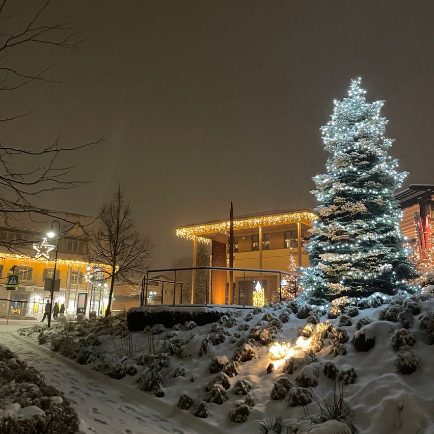 Ein großer mit Lichtern geschmückter Weihnachtsbaum steht auf einem verschneiten Gelände vor einem Gebäude, das ebenfalls mit festlichen Lichtern versehen ist. Menschen gehen auf einem Weg mit Straßenlaternen und Bäumen im Hintergrund.