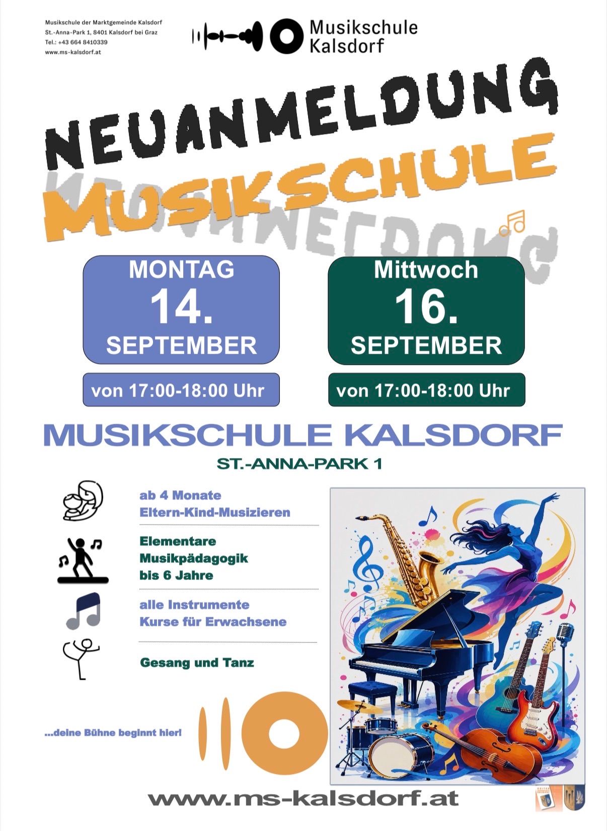 Poster advertising the Kalsdorf Music School with dates and times for new enrollments on September 14th and 16th, featuring musical instruments and a dancing figure.