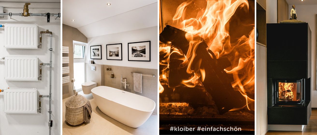 Badezimmer mit einer großen Badewanne und drei gerahmten Bildern an der Wand. Ein Korb und ein Handtuch sind in der Nähe. Kamin mit brennenden Holzscheiten.