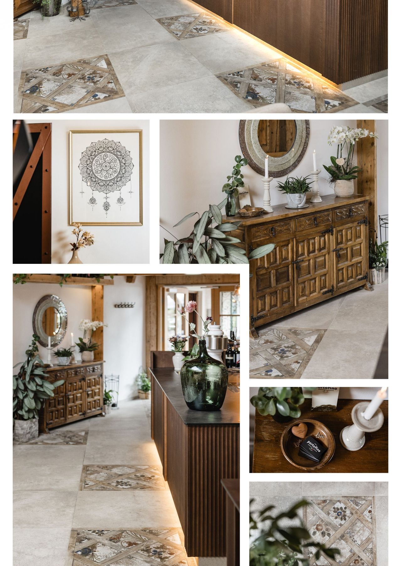Eine Collage verschiedener Wohnaccessoires zeigt ein gerahmtes Wandbild, einen Holzschrank mit Pflanzen, einen Spiegel und eine grüne Vase. Jedes Element verleiht dem Wohnraum einen besonderen Touch.