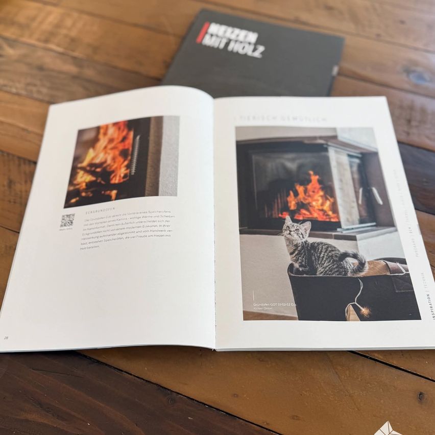 Ein Buch über Kamine mit einer offenen Seite, die ein Bild einer Katze zeigt, die neben einem Kamin sitzt, und einem brennenden Kamin auf der anderen Seite.