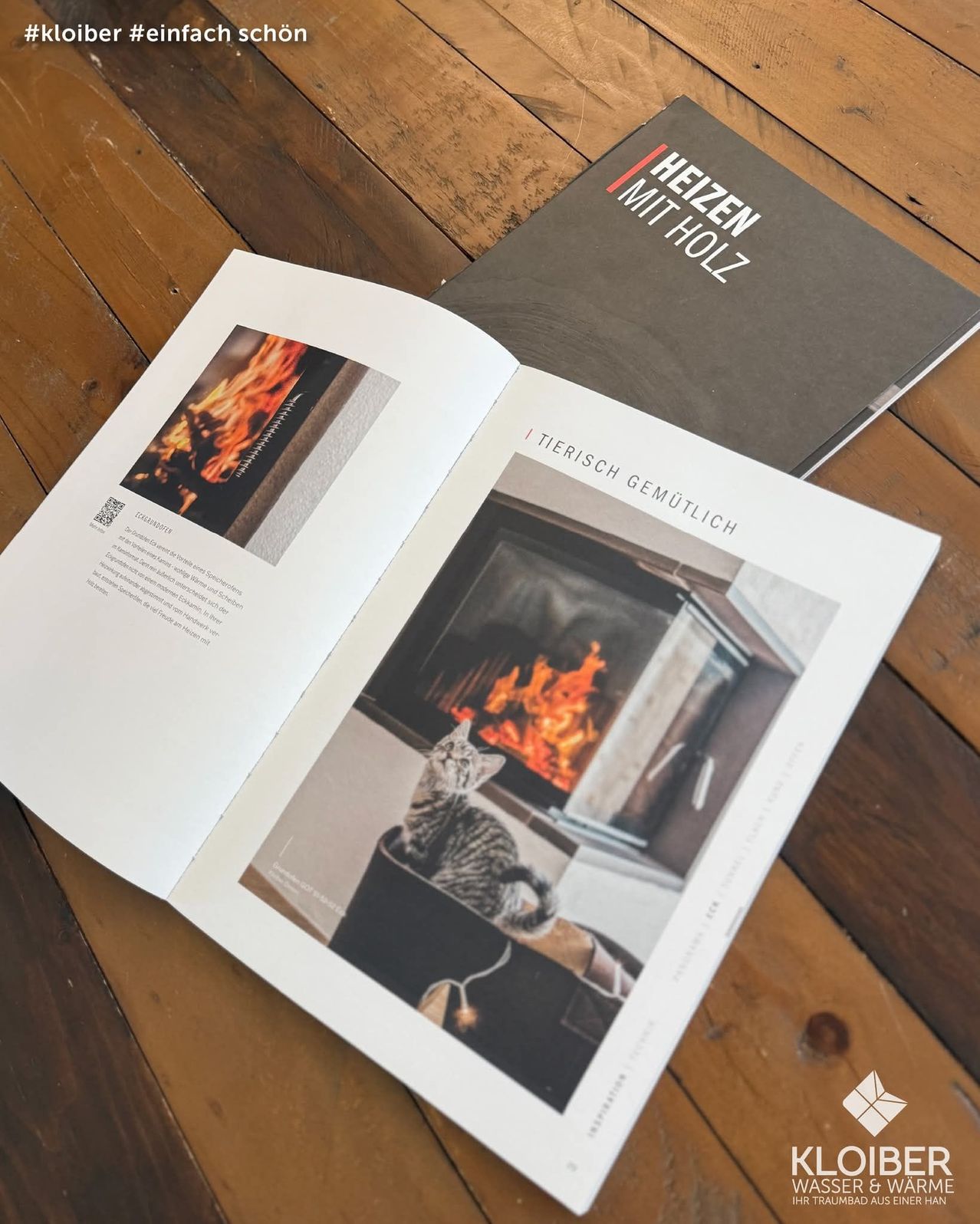 Ein offenes Magazin auf einem Holztisch zeigt einen Kamin und eine Katze, die in einem Korb sitzt. Ein Buch mit dem Titel 'Heizen mit Holz' liegt hinter dem Magazin.