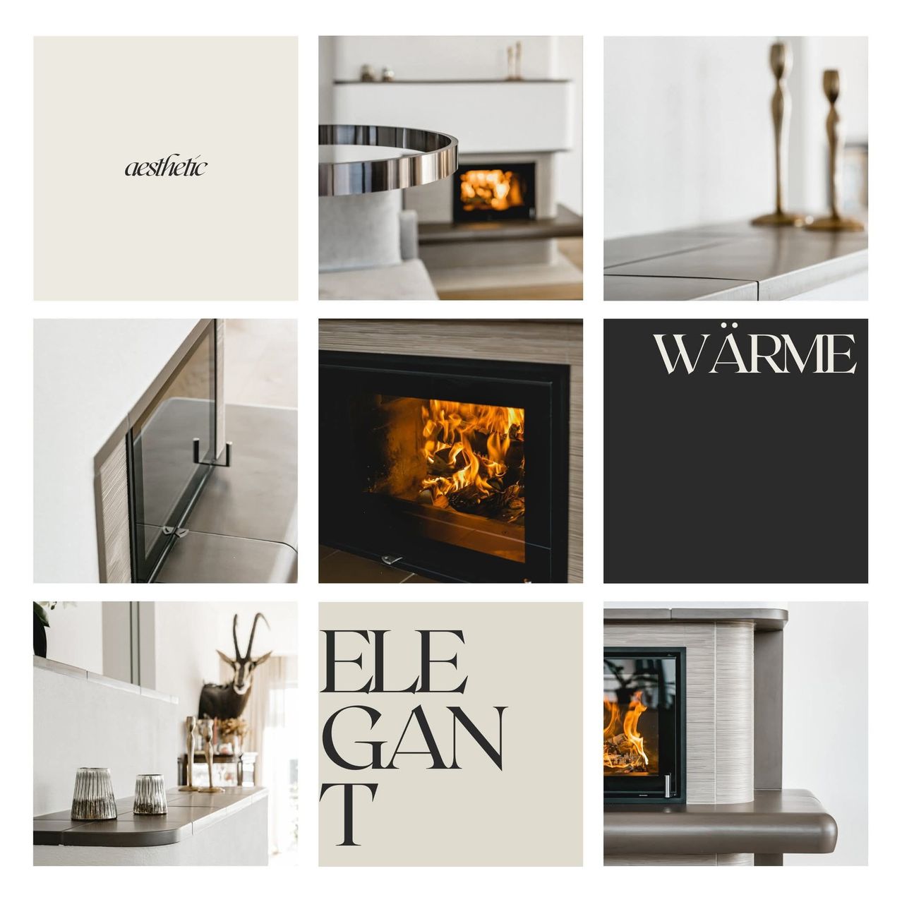 A collage of images featuring fireplaces and modern interiors. The top left image shows a beige wall with the word 'aesthetic'. The top right image features a fireplace with a metal surround. The bottom left image shows a fireplace with a glass door. The bottom right image has the word 'Elegance'. The center image displays a fireplace with bright flames.