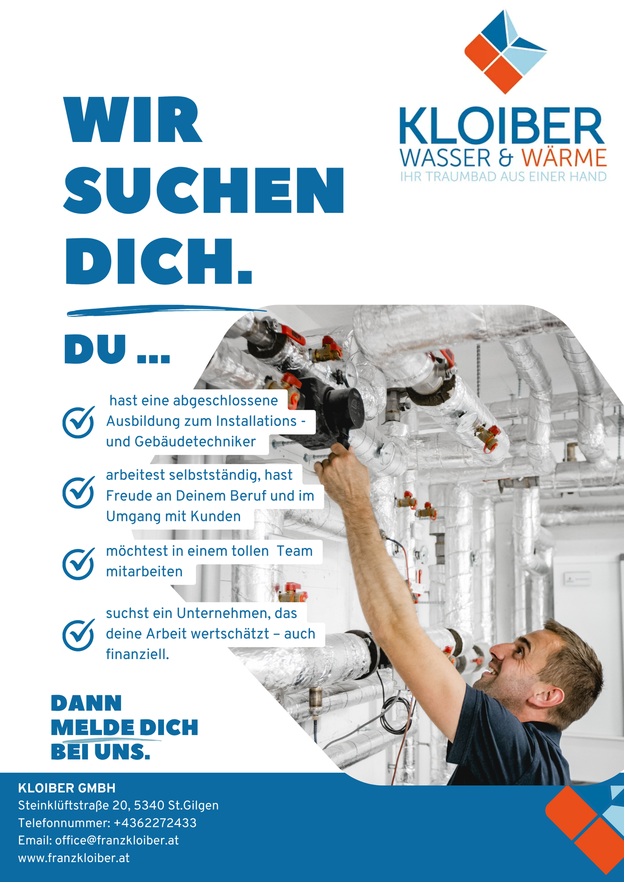 An advertisement for a company called Wasser & Warme is shown. It features a technician working on pipes. The text highlights the company's values of self-employment, customer interaction, teamwork, and financial appreciation.