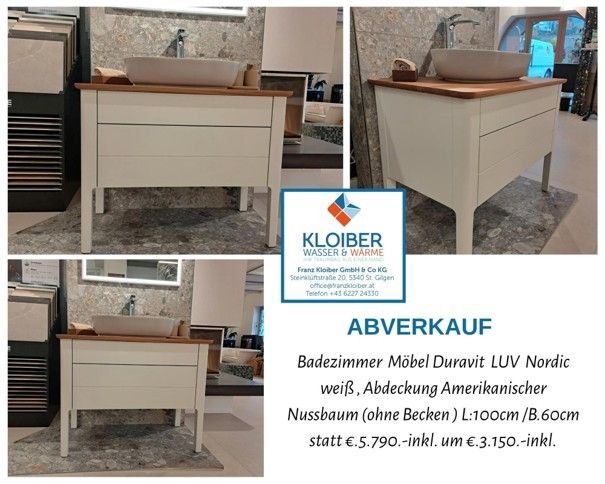 Vier Bilder eines Badezimmer-Schranks mit Waschbecken und Schubladen, mit einem Verkaufsangebot für Duravit LUV Nordic Badezimmermöbel. Der Schrank ist weiß mit einer Holzplatte und einem weißen Waschbecken. Die Werbung hebt den Verkaufspreis hervor und enthält Kontaktinformationen für Kloiber Wasser & Wärme.