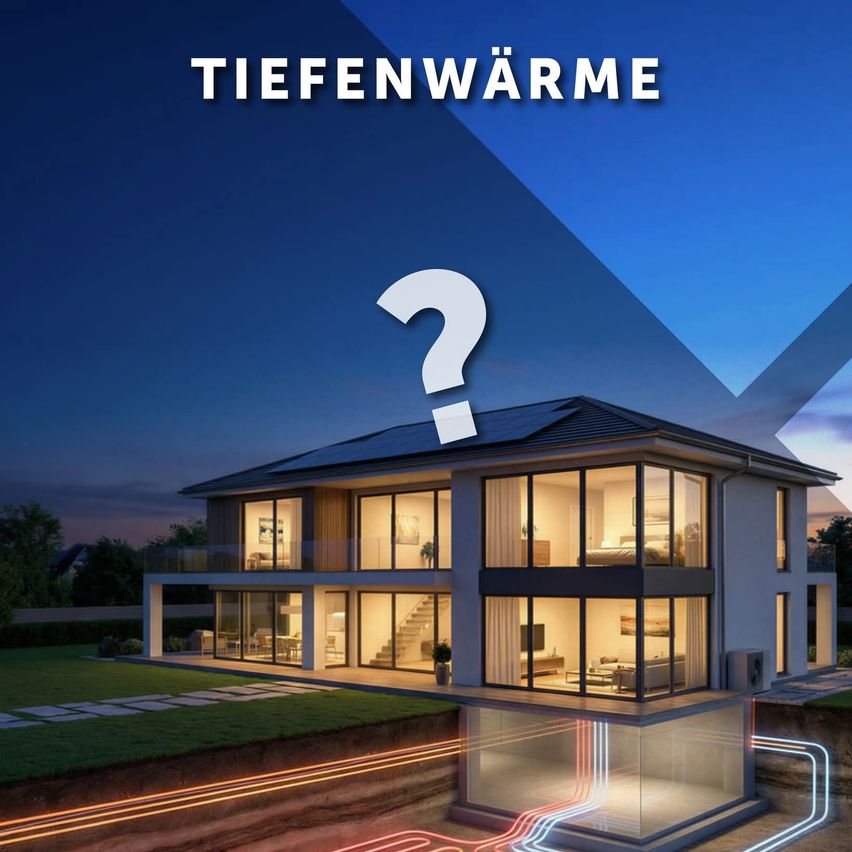 Ein modernes Haus mit Solarpanelen auf dem Dach und einem Fragezeichen darüber, das auf eine Frage nach tiefer Wärme hinweist. Das Haus ist gut beleuchtet und scheint in einer Vorstadtumgebung zu stehen.