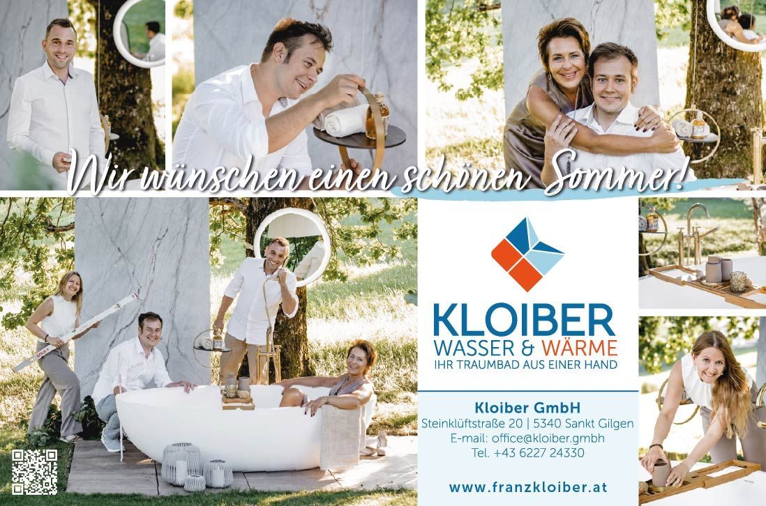 An advertisement for Kloiber GmbH, featuring various images of people in bathtubs and relaxing in a garden. The text in German reads 'Kloiber Wasser & Warme, Ihr Traumbad aus einer Hand.' The contact information is provided.