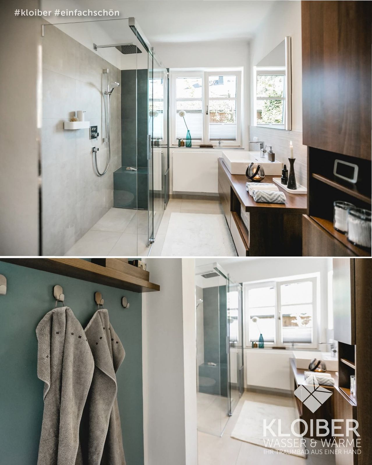 Das Badezimmer hat einen Duschbereich mit einer Glastür, einer Badewanne, einem Waschbecken und einem Fenster. Das Badezimmer hat einen hölzernen Schrank und ein Regal mit Handtüchern. Das andere Bild zeigt ein Badezimmer mit einem Handtuch, das an einem Haken hängt.