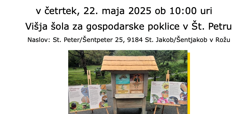 Ein Bild zeigt ein Schild mit dem Text 'Vabilo na svetovni dan čebel', einem Datum und einem Ort. Ein gelber Rahmen umgibt das Bild.