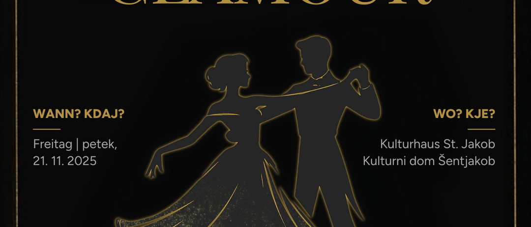 Plakat für die Veranstaltung Die Nacht des Glamours, mit einer Silhouette eines tanzenden Paares. Geplant für Freitag, 21. November 2025, im Kulturhaus St. Jakob, Kulturni dom Sentjakob.