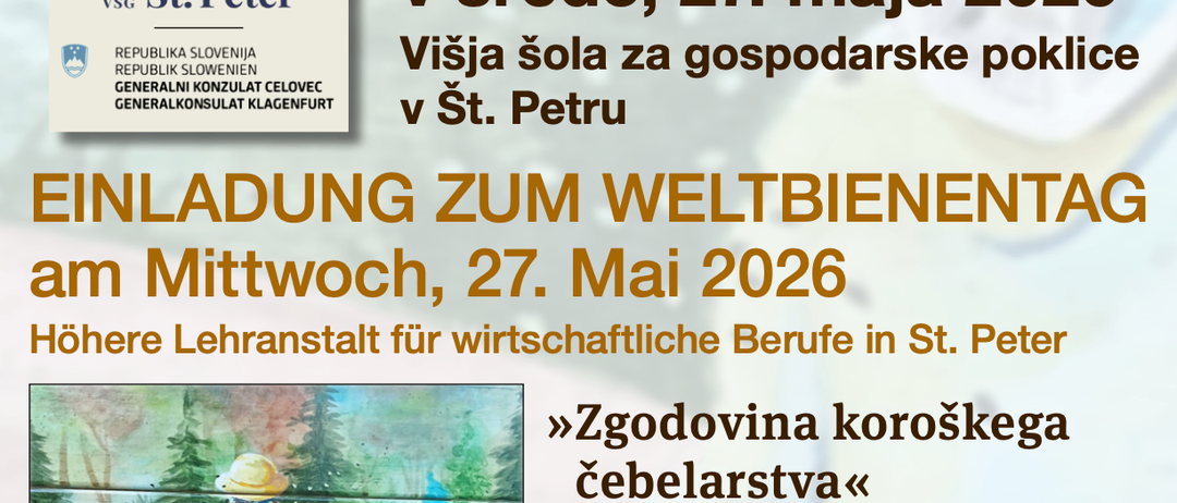 Plakat für eine Imkerveranstaltung in St. Peter. Veranstaltung am Mittwoch, 27. Mai 2026. Mit einem Imker und Bienen. Slowenischer und deutscher Text.