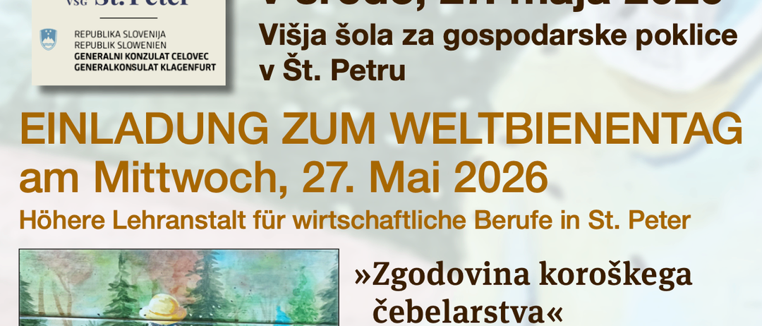 Plakat für eine Veranstaltung mit dem Titel 'Einladung zum Weltbienentag' in St. Peter. Geplant für Mittwoch, 27. Mai 2026. Mit einer Illustration eines Imkers.