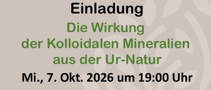 Ein Veranstaltungsplakat mit einem Wasserfall und Text über kolloidale Mineralien aus der Natur, geplant für den 7. Oktober 2026 um 19:00 Uhr.