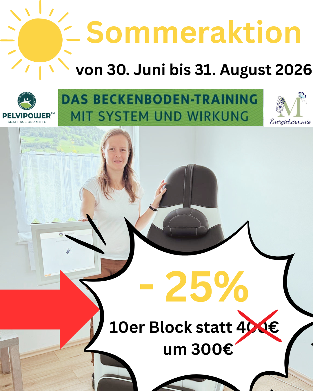 Ein Werbebild für das Beckenboden Training mit System und Wirkung, das eine Frau mit einem Beckenboden-Trainingsgerät zeigt und einen 25% Rabatt anbietet, gültig von 30. Juni bis 31. August 2026.