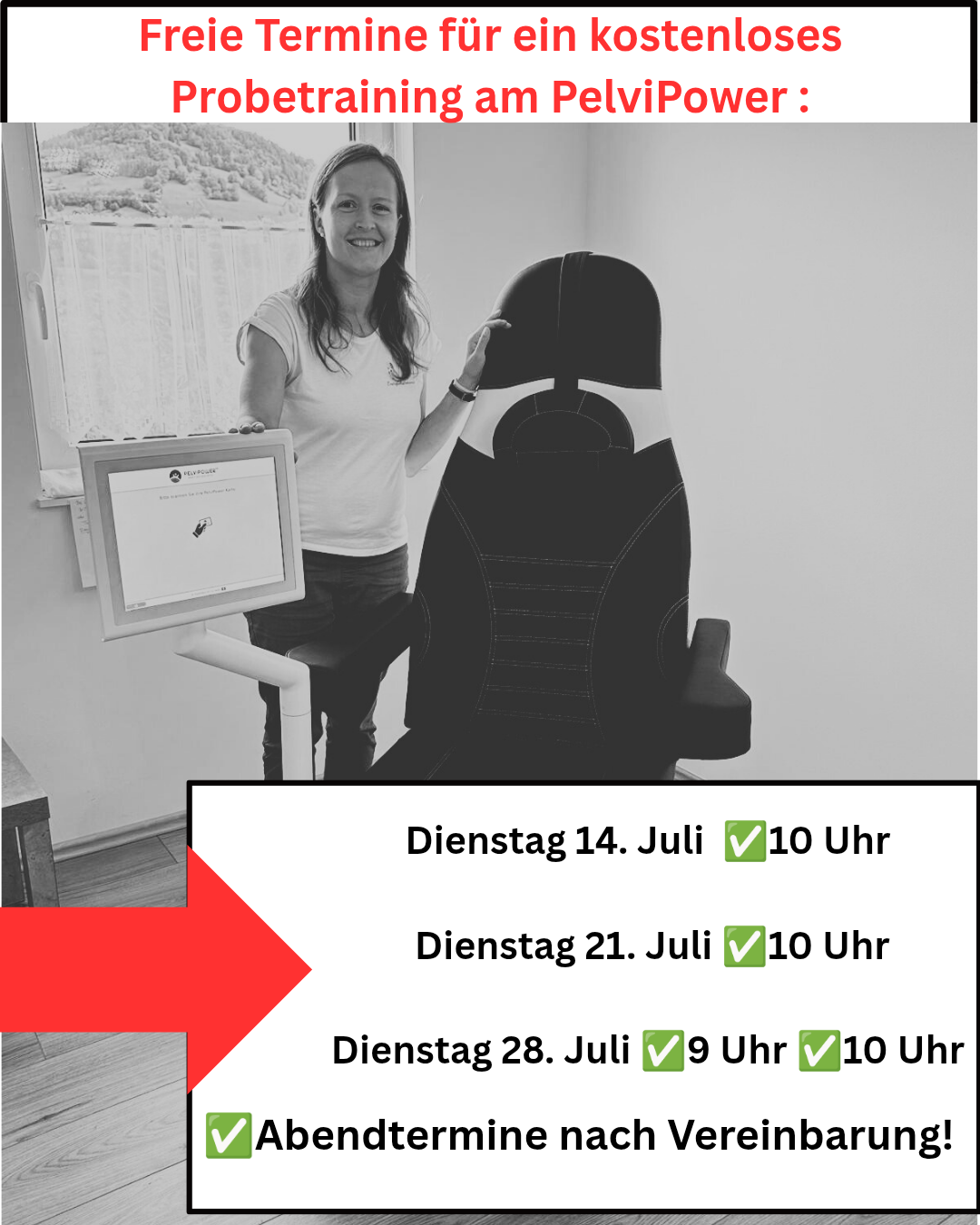 Eine Frau mit einem Zertifikat steht neben einem schwarzen Stuhl, mit einem Fenster im Hintergrund. Das Bild enthält auch einen Kalender mit Daten und Zeiten.