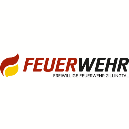 Das Logo der Freiwilligen Feuerwehr Zillingtal zeigt eine stilisierte Flamme in Rot und Gelb. Darunter steht 'FEUERWEHR' in fetten roten Buchstaben. Der Ortsname 'ZILLINGTAL' steht darunter in kleineren schwarzen Buchstaben.