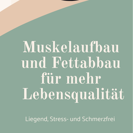 Ein Bild eines Muskelstimulationsgeräts mit einem Bein einer Person im Hintergrund. Der Text lautet 'Muskelaufbau und Fetta für Lebensqualit Legend, Stress- und Probetraining'.