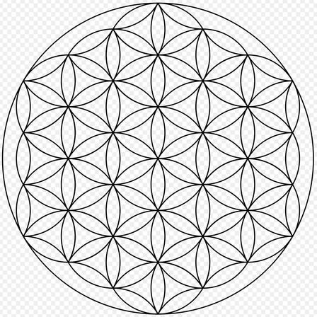 Ein schwarz-weißes kreisförmiges Design mit einem Muster überlappender Sechsecke und Dreiecke, das einer Blume ähnelt.