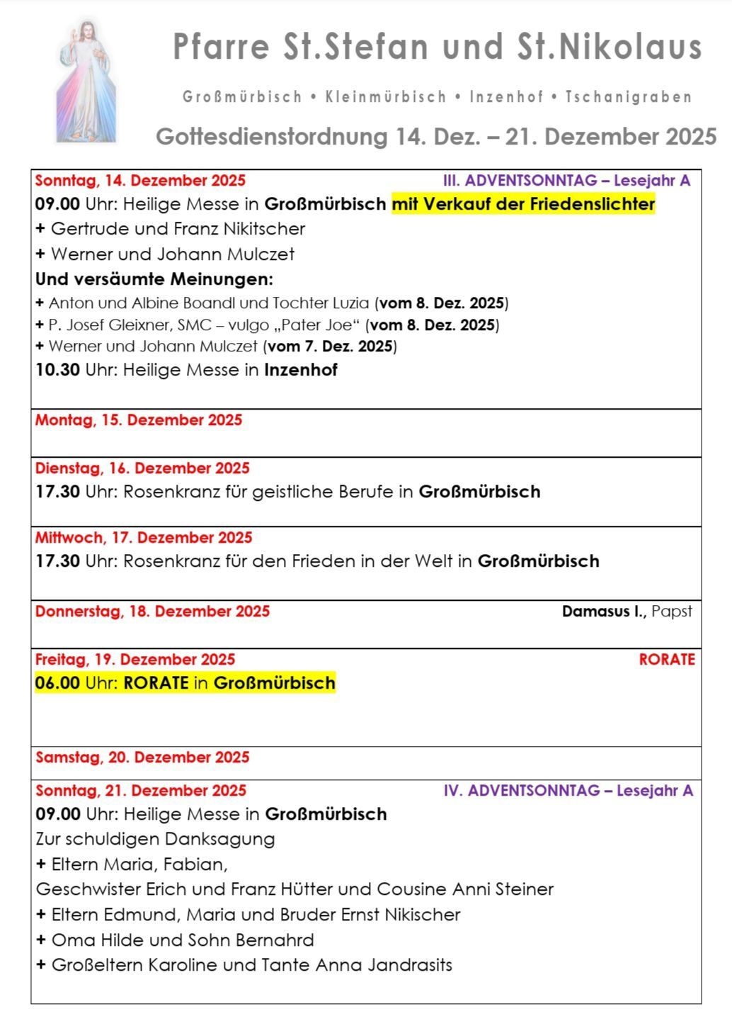 Ein Zeitplan für Gottesdienste vom 14. bis 20. Dezember 2025. Beinhaltet Datum, Uhrzeit und Orte der Gottesdienste, mit besonderen Veranstaltungen am 14. und 19. Dezember hervorgehoben.