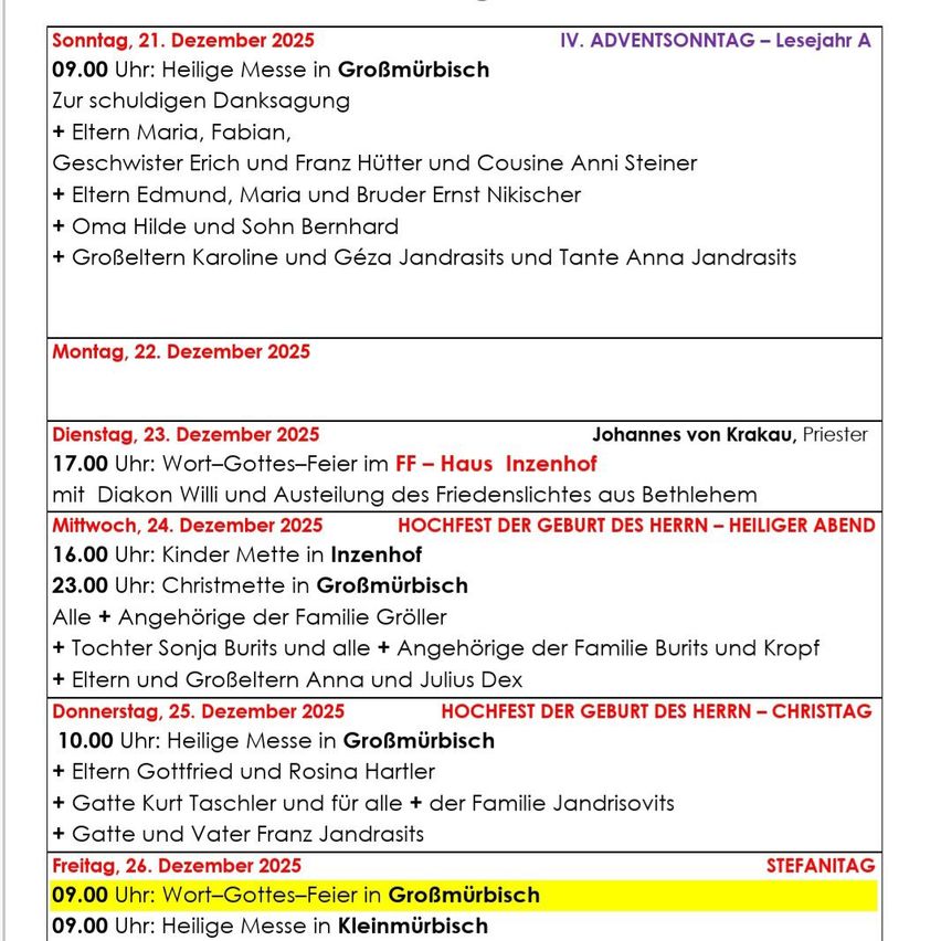 Zeitplan für Gottesdienste in Großmürbisch und Kleinmürbisch im Dezember 2025. Beinhaltet Gottesdienste am 21., 22., 23., 24., 25. und 26. Dezember. Details zu Familiennamen und Zeiten.